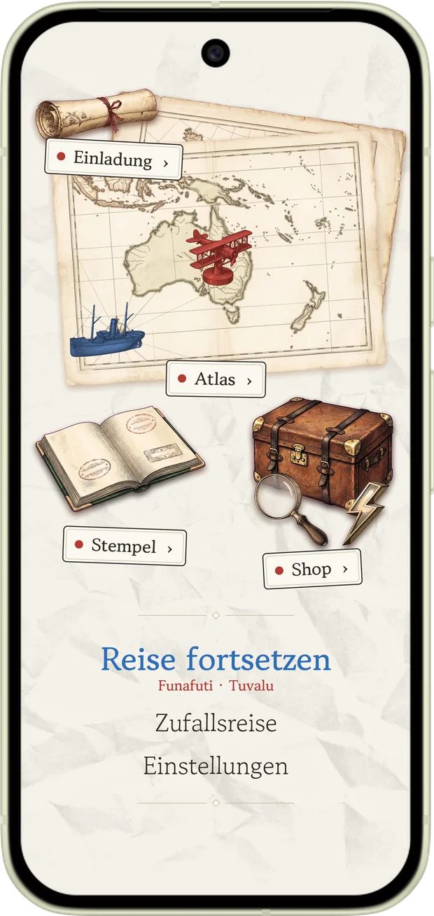 Der Startbildschirm von Atlas Arrows: ein Tisch voller Reiseutensilien — Karte, Pass, Koffer — darunter Fortsetzen, Zufallsreise und Einstellungen.