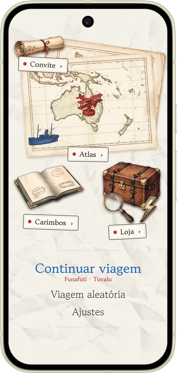 A tela inicial do Atlas Arrows: uma mesa com mapa, passaporte e baú, e abaixo Continuar, Viagem aleatória e Ajustes.